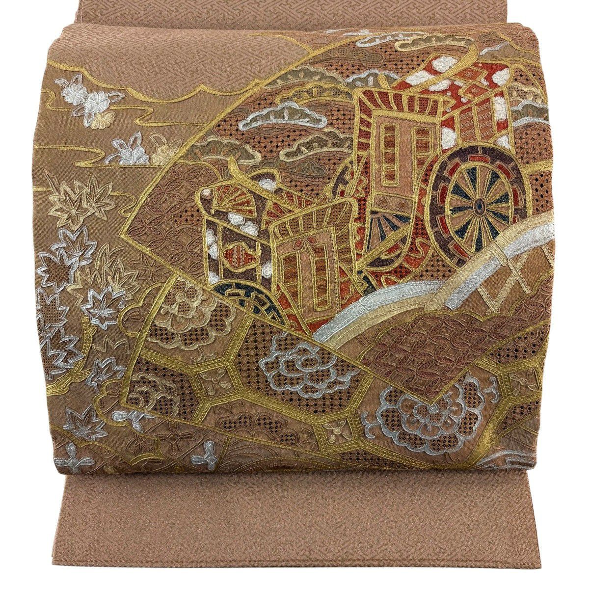 袋帯 秀品 扇面 御所車 刺繍 金銀彩 薄小豆 お太鼓柄 正絹｜中古・古着