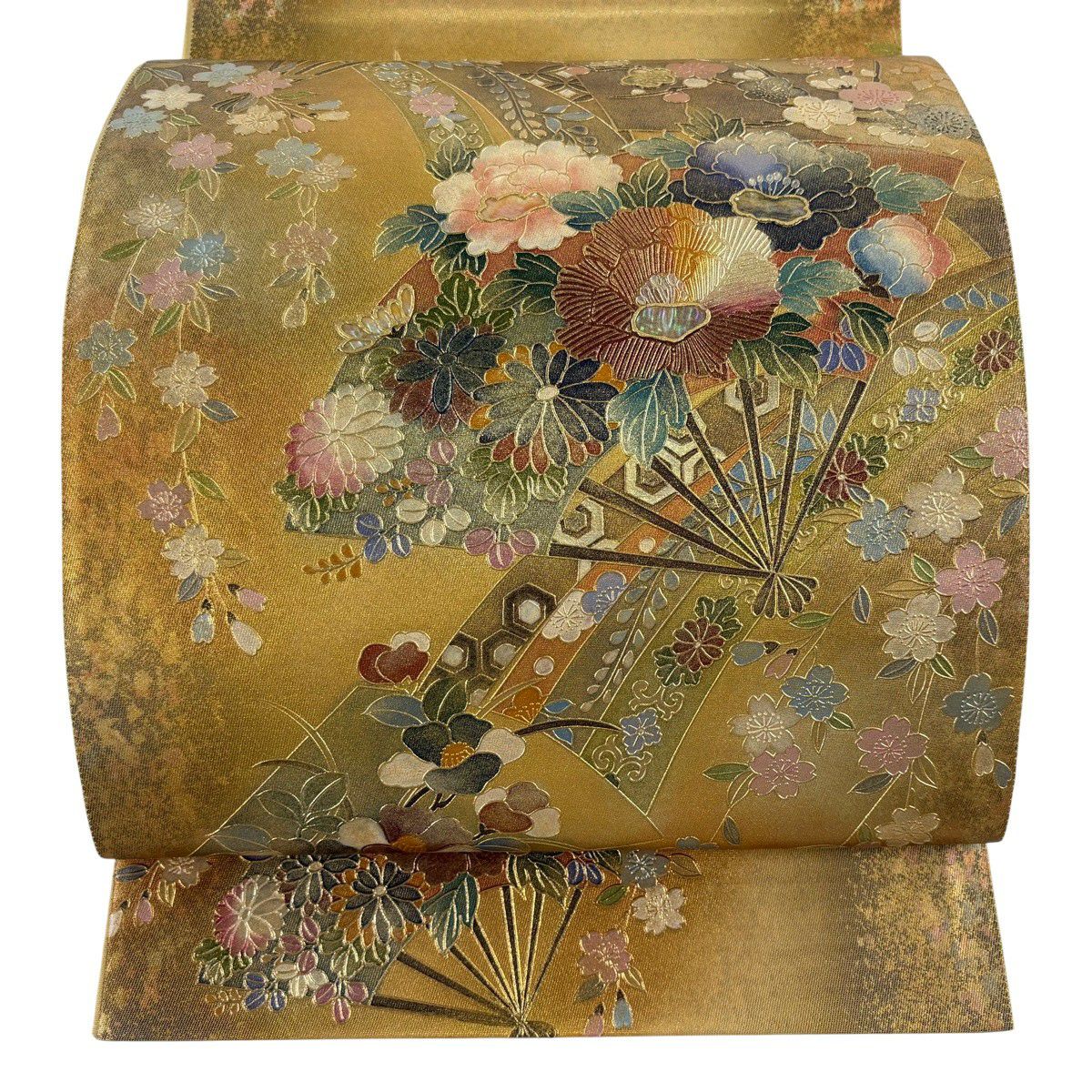 未使用品】袋帯 螺鈿 金彩 虹色箔 遠山 お太鼓柄 芯なし 袋帯 名品