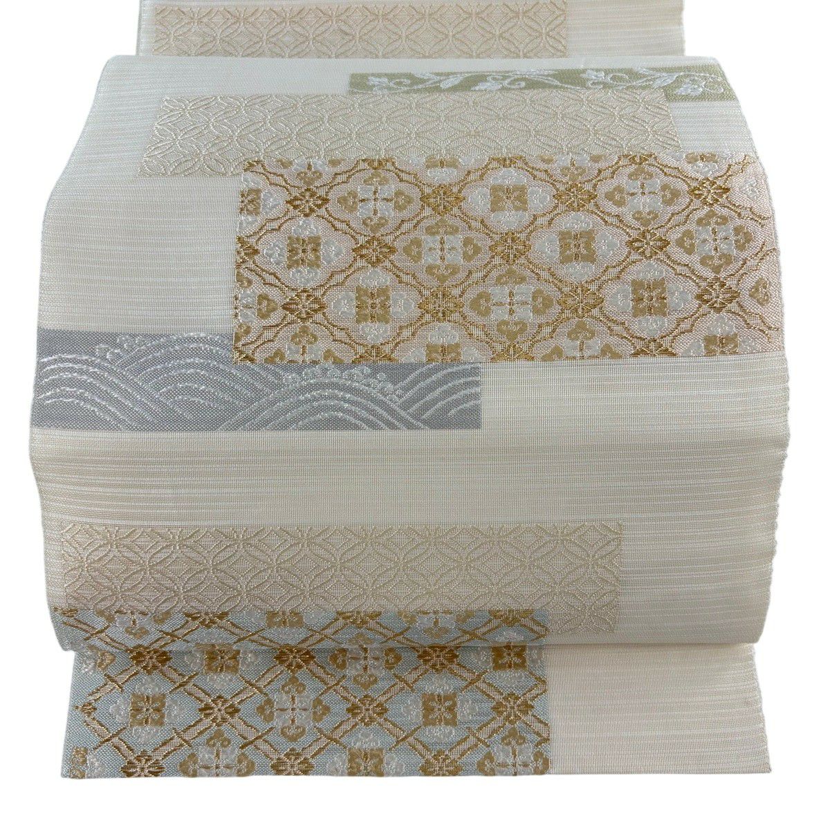 袋帯 秀品 絽 夏帯 花菱 七宝 金糸 ベージュ 六通 正絹｜中古・古着