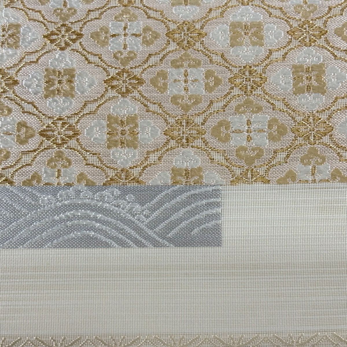 袋帯 秀品 絽 夏帯 花菱 七宝 金糸 ベージュ 六通 正絹｜中古・古着