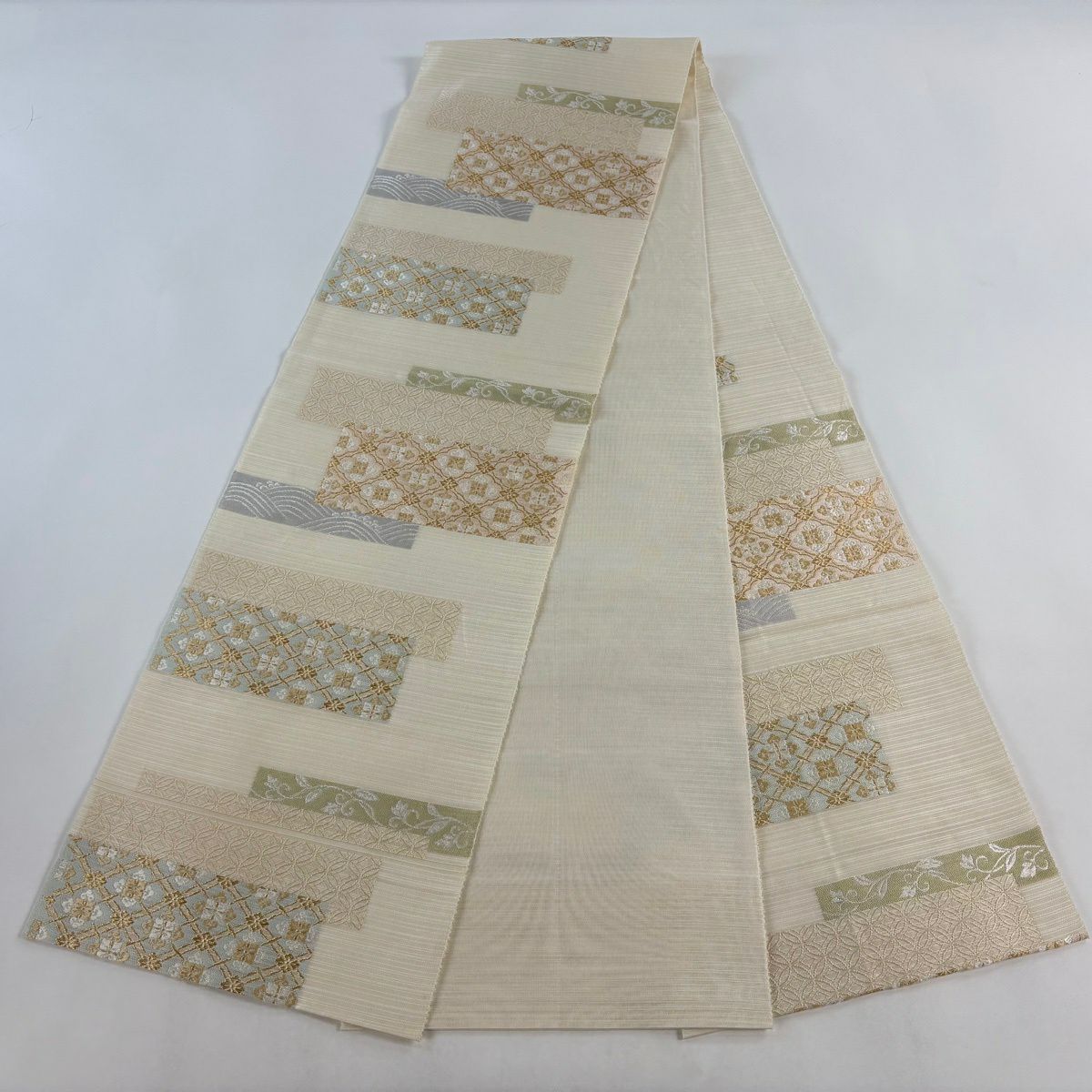 袋帯 秀品 絽 夏帯 花菱 七宝 金糸 ベージュ 六通 正絹｜中古・古着