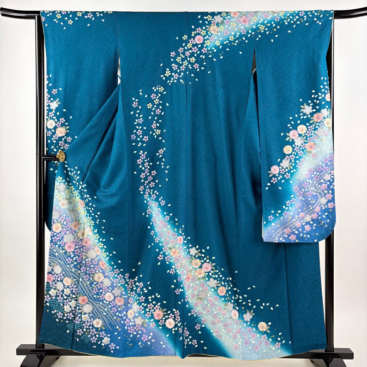 美品】 振袖 身丈160cm 裄丈65cm M 袷 桜 青海波 銀通し 金彩 青緑