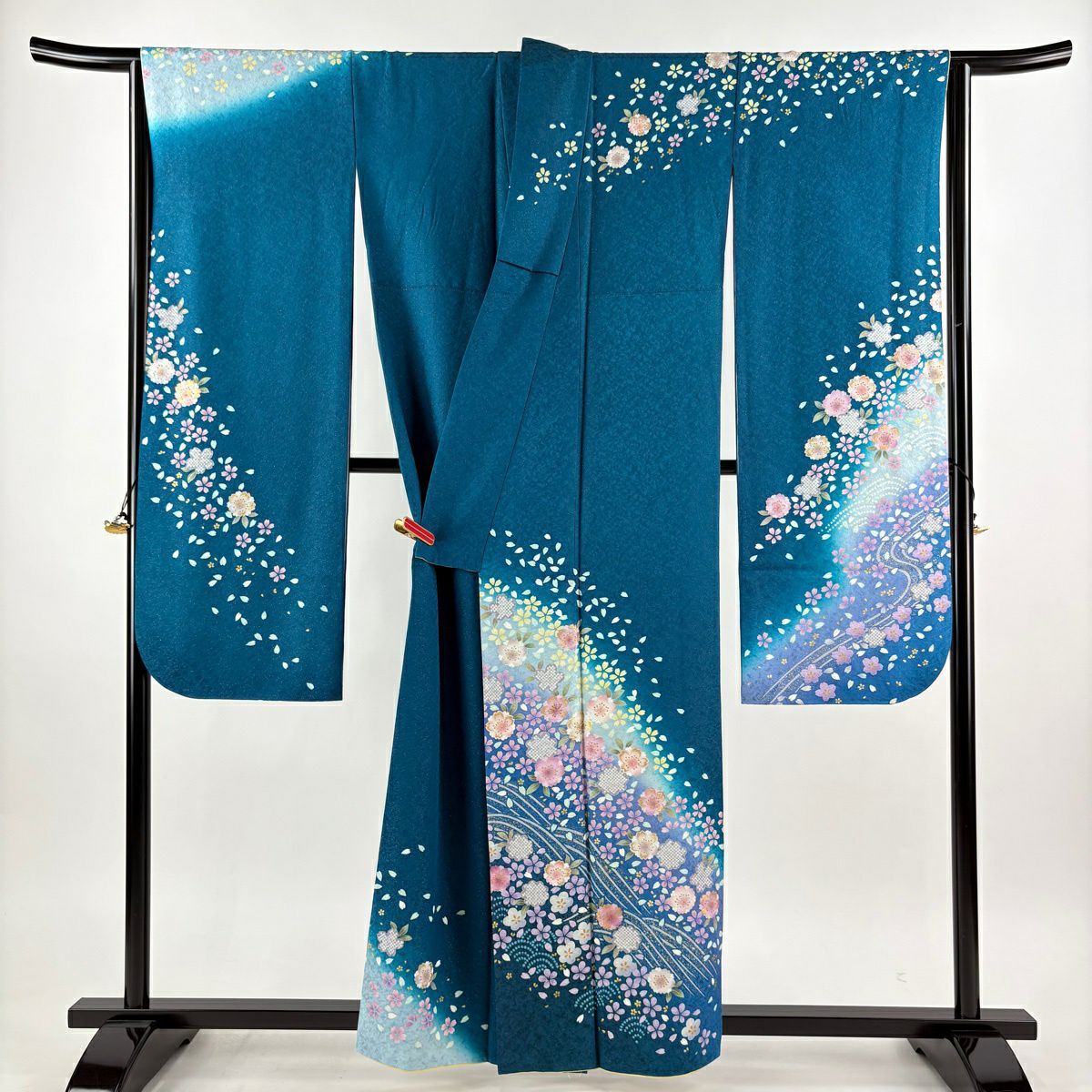 美品】 振袖 身丈160cm 裄丈65cm M 袷 桜 青海波 銀通し 金彩 青緑