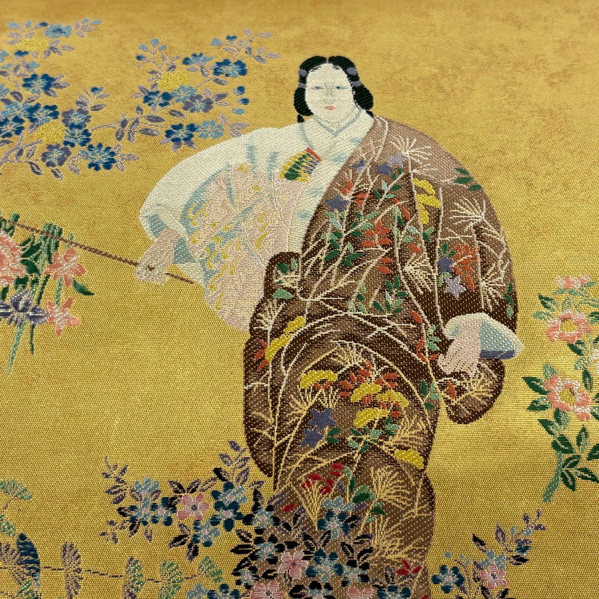 袋帯 名品 となみ織物 証紙あり 関西仕立て 人物 草花 本金箔 金色