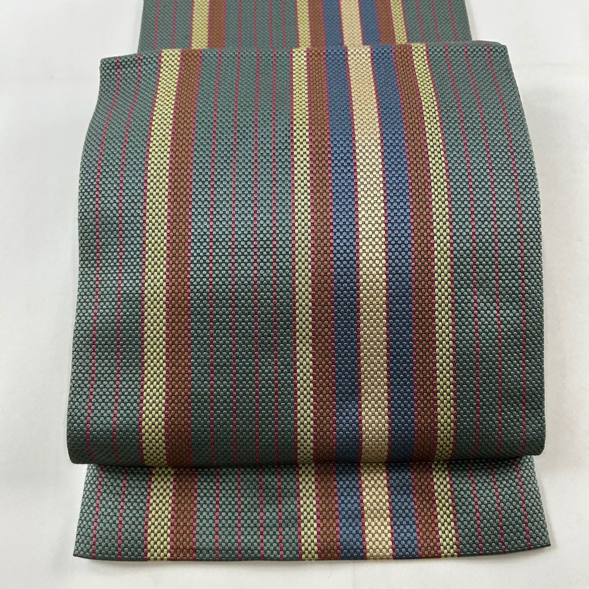 名古屋帯 名品 証紙あり 松葉仕立て 八寸名古屋帯 博多織 縞 灰