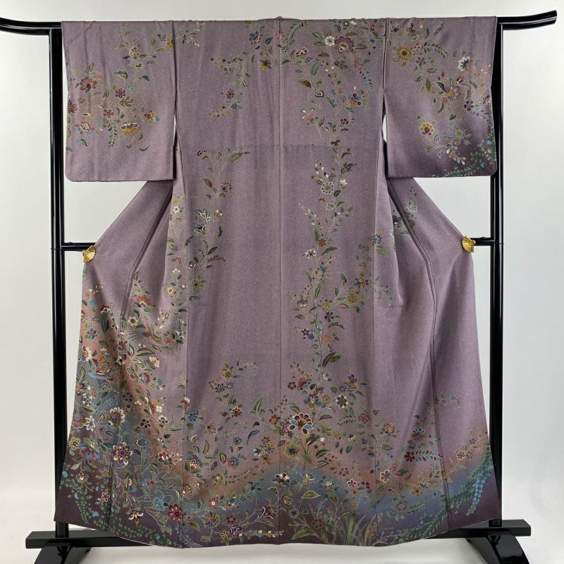 訪問着 身丈159cm 裄丈64cm M 袷 鳥 草花 金彩 染め分け 灰紫