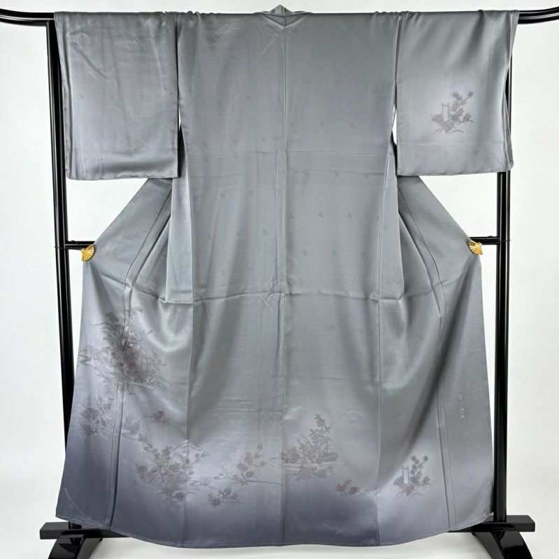 訪問着 身丈161.5cm 裄丈69cm L 袷 草花 ヱ霞 刺繍 ぼかし 灰色