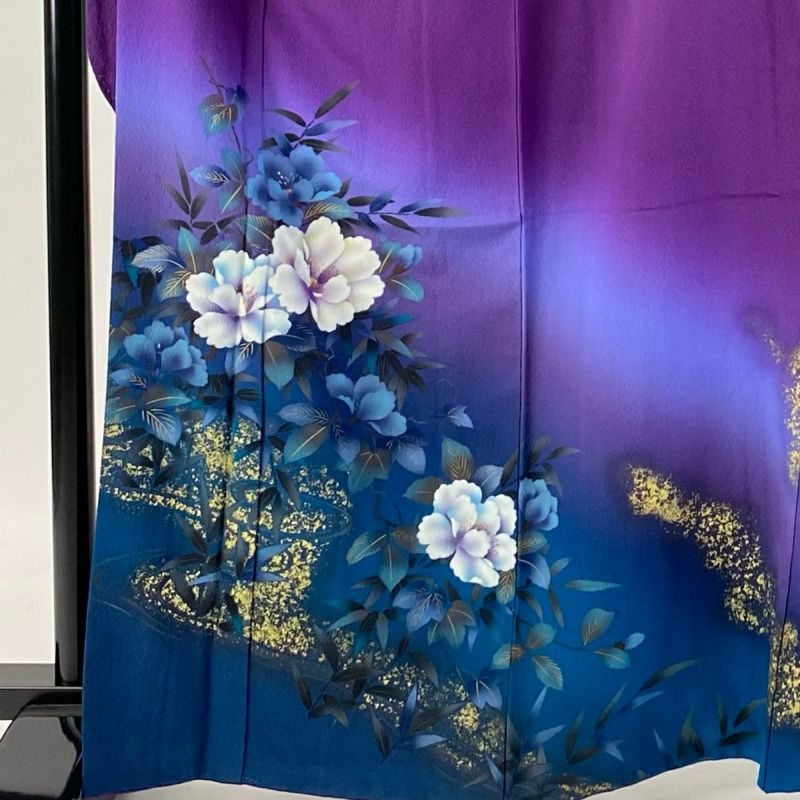 振袖 身丈165.5cm 裄丈66cm M 袷 牡丹 流水 金銀彩 ぼかし 紫