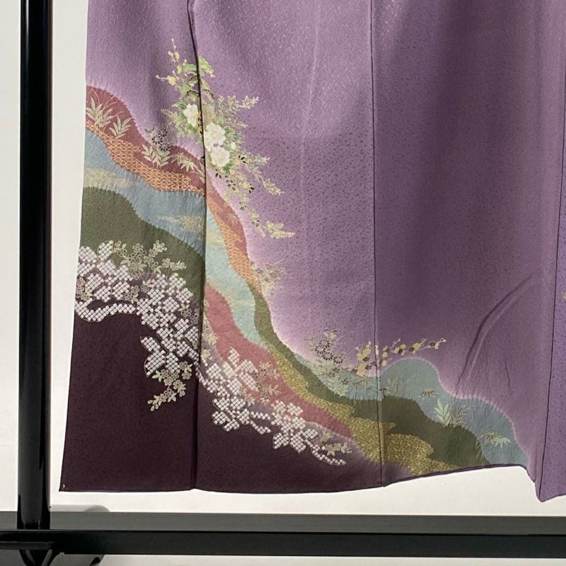付下げ 身丈152cm 裄丈63cm S 袷 やまと 御所車 草花 金彩