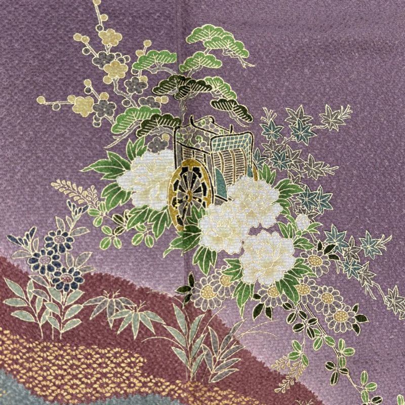 付下げ 身丈152cm 裄丈63cm S 袷 やまと 御所車 草花 金彩