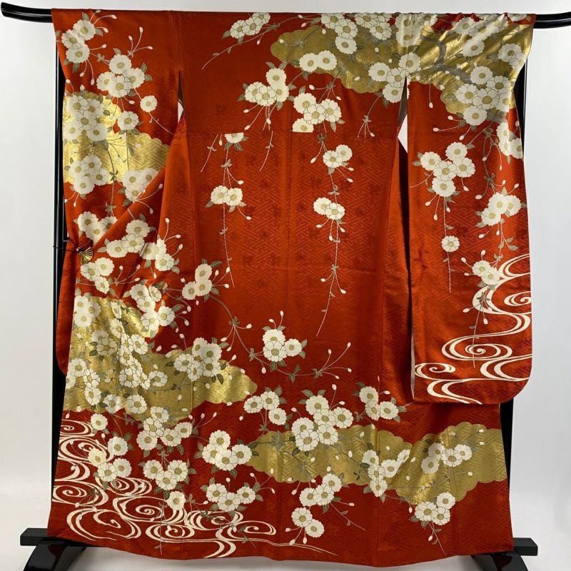 振袖 身丈160cm 裄丈67cm M 袷 桜 観世水 金糸 金彩 朱色 正絹