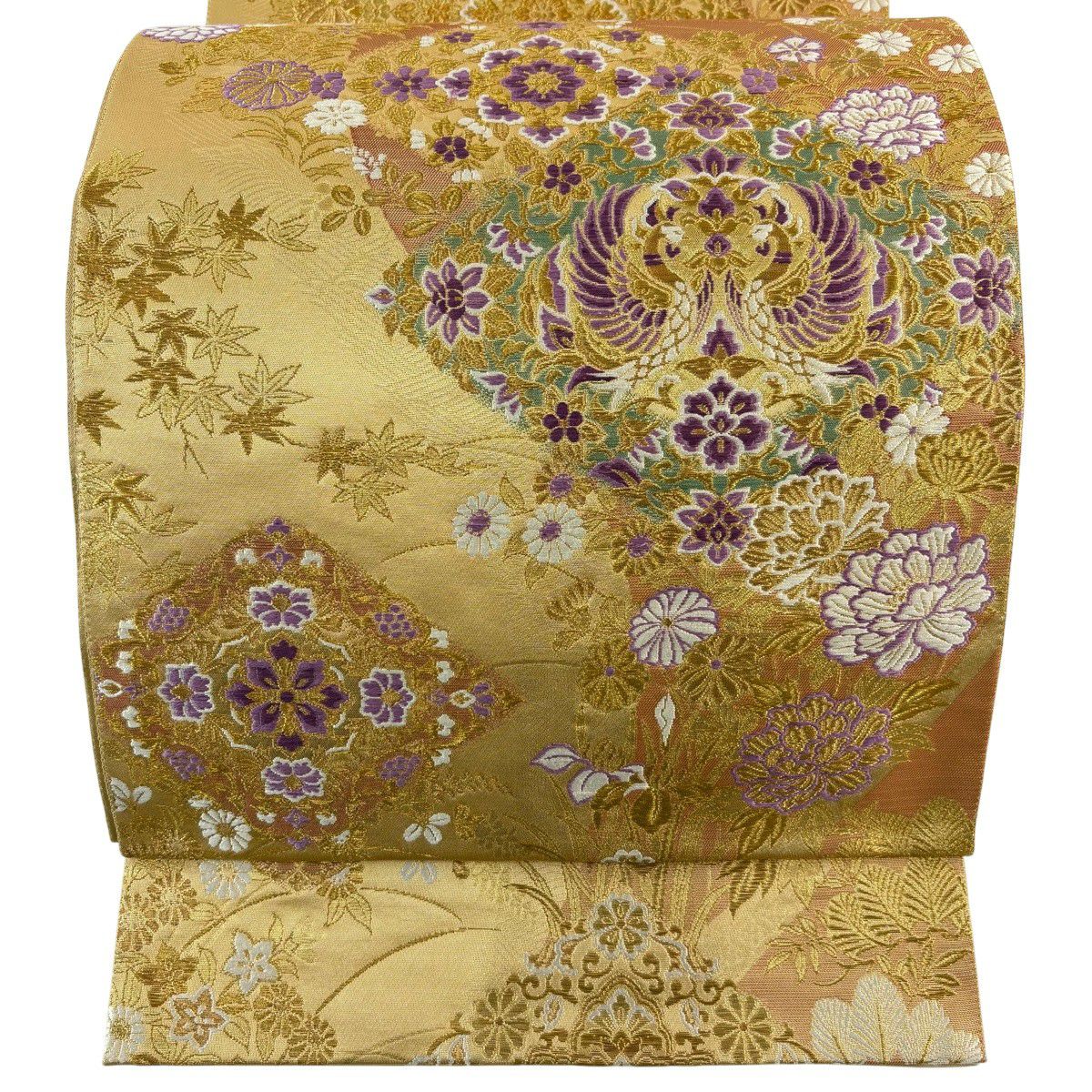 袋帯 逸品 じゅらく 落款あり 証紙あり 鳳凰 草花 刺繍 金糸 ベージュ