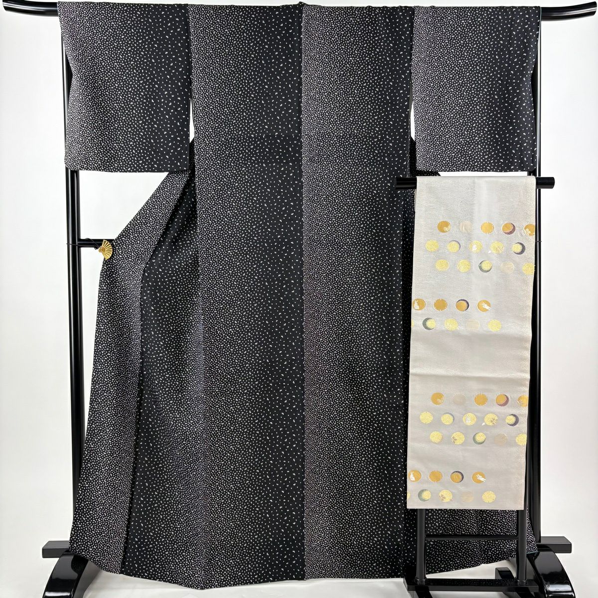 小紋 身丈166cm 裄丈67cm M 袷 名古屋帯セット 花びら 黒 正絹 名品