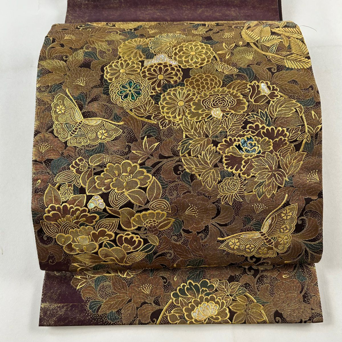 袋帯 名品 花丸文 蝶 螺鈿 金彩 赤紫 お太鼓柄 正絹｜中古・古着