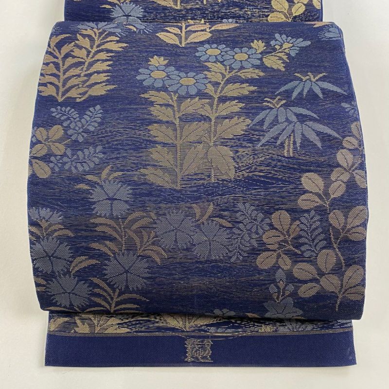 袋帯 秀品 織悦 落款あり 夏帯 関西仕立て 秋草 紺色 全通 正絹