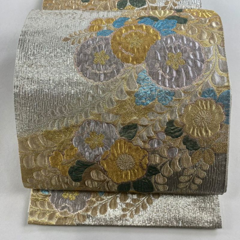 袋帯 美品 秀品 草花 箔 金銀糸 銀色 六通 正絹｜中古・古着