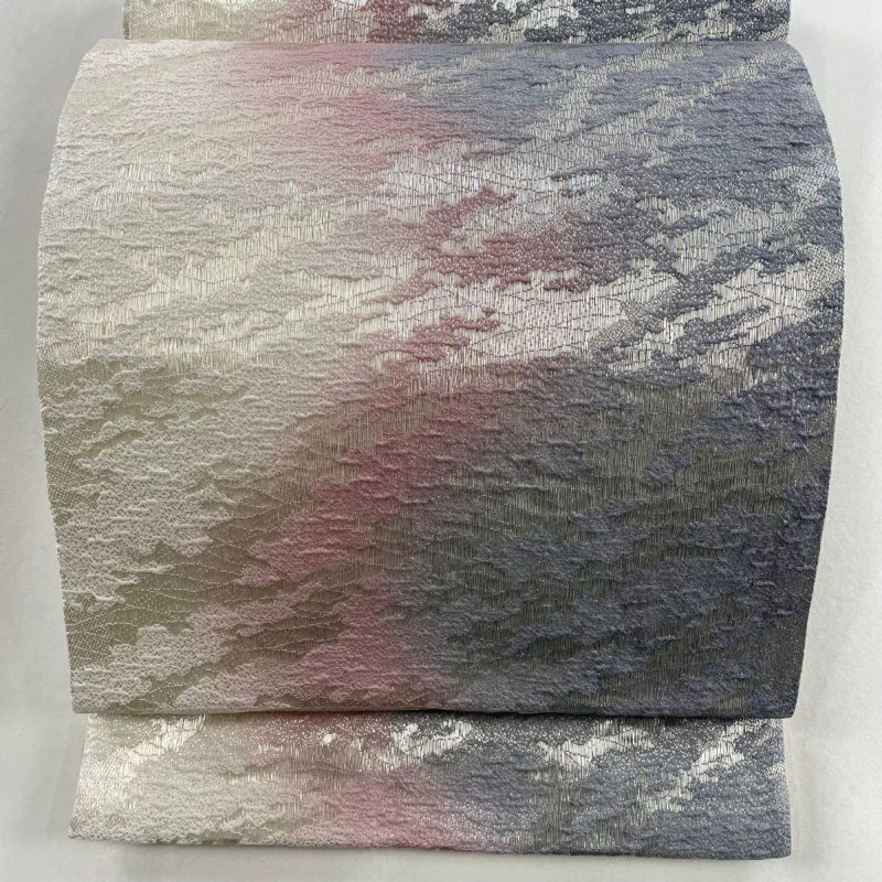 袋帯 雪の結晶 白地 青箔 銀糸 柊 お仕立て込み
