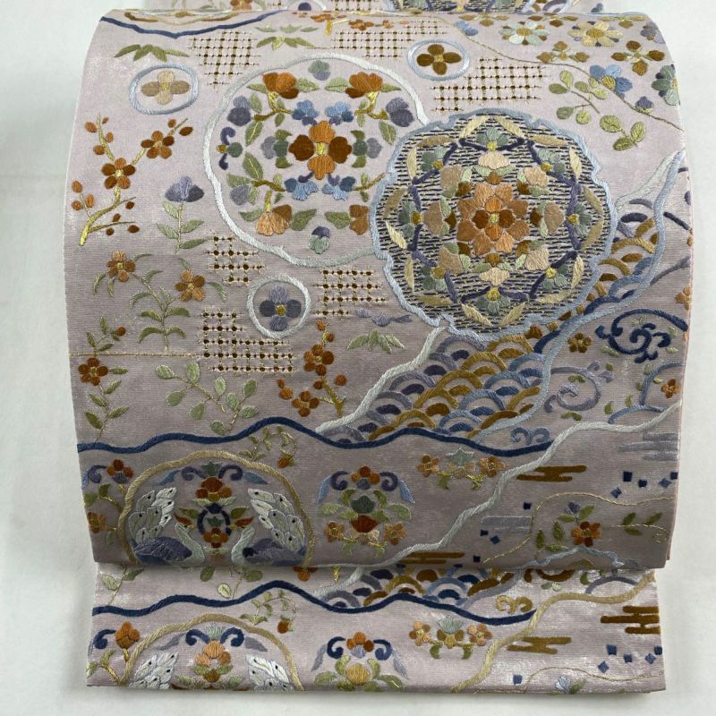 袋帯 美品 逸品 華文 草花 刺繍 金糸 ピンク 六通 正絹｜中古