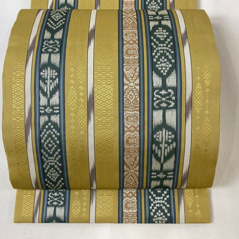 袋帯 美品 逸品 やまと 縞 幾何学 黄土色 全通 正絹｜中古・古着