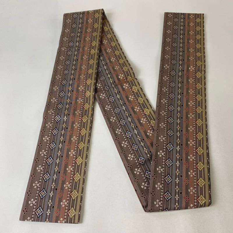 半幅帯 美品 秀品 花柄 縞 茶色 正絹｜中古・古着・リサイクル