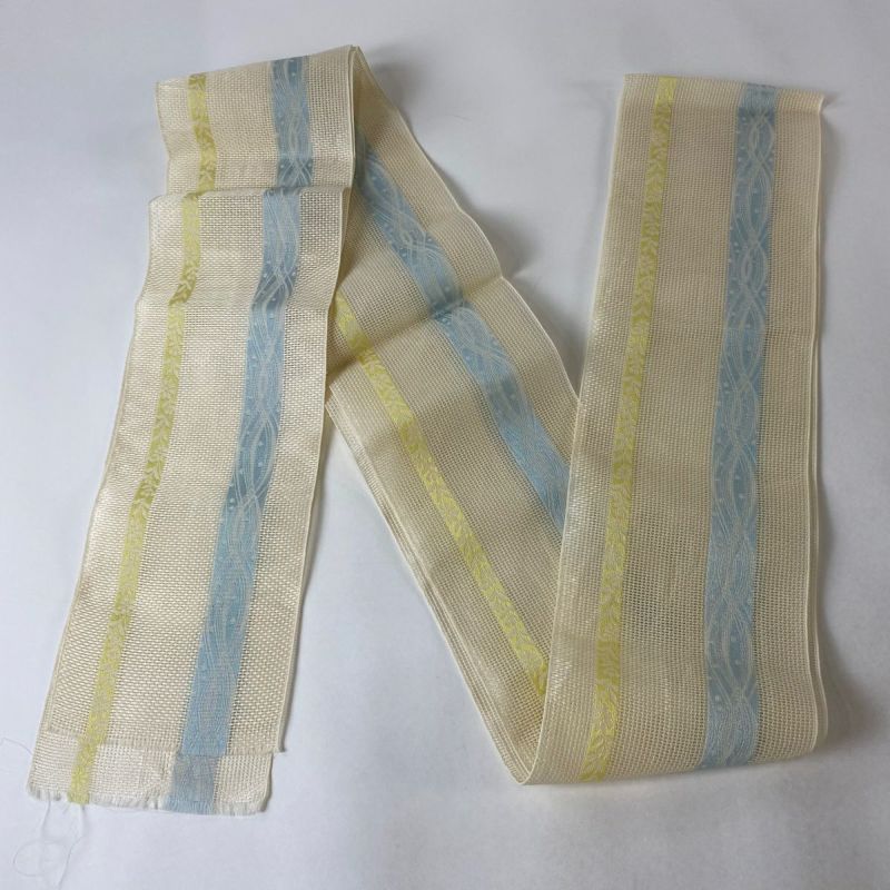 半幅帯 秀品 夏帯 草花 縞 クリーム 正絹|中古・古着 半幅帯 秀品 夏帯 草花 縞 クリーム 正絹|中古・古着