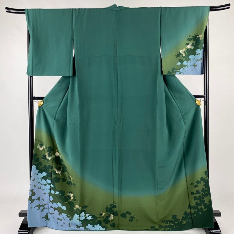 正絹 長襦袢 反物 緑 老竹色 梅 124 付下げ 身丈168cm 裄丈68.5cm L 袷 蔦 シルエット 金彩 ぼかし