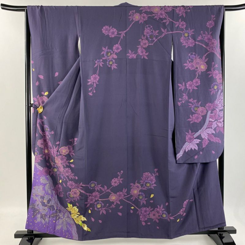 振袖 身丈160cm 裄丈66cm M 袷 桜 疋田 金彩 金糸 紫 正絹 秀品