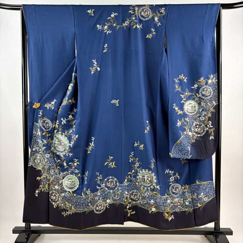 振袖 身丈154.5cm 裄丈65cm M 袷 帆船 鳥 金彩 染め分け 紺色