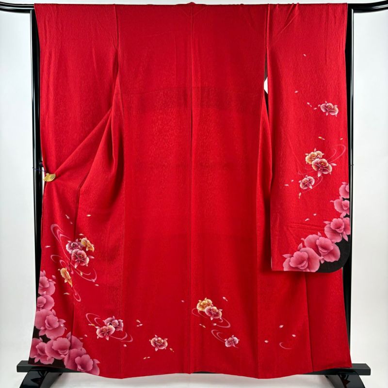 振袖 身丈160cm 裄丈64.5cm M 袷 花 波紋 銀彩 朱色 正絹 秀品