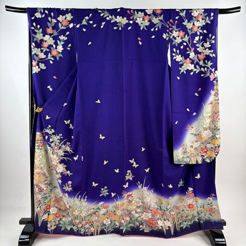 振袖 身丈165.5cm 裄丈67cm M 袷 花籠 蝶 金通し ぼかし 青紫