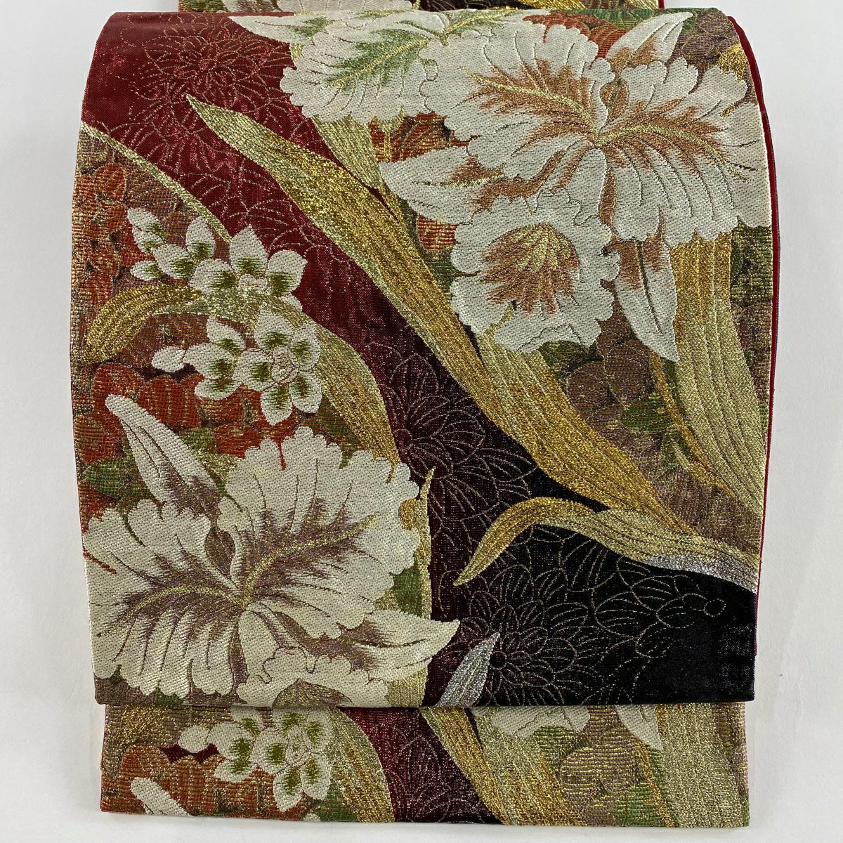 袋帯 美品 秀品 証紙あり 博多織 佐賀綴錦 竹 草花 金糸 箔 赤 六通