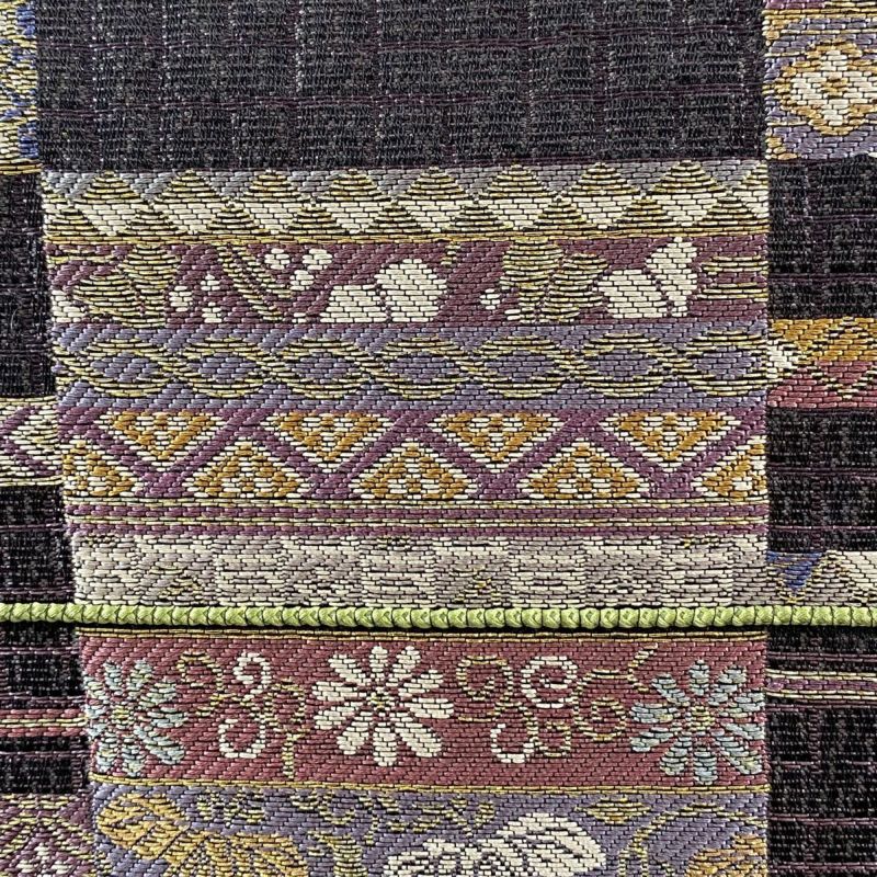 新春セール　黒　南蛮船　金糸　六通　袋帯 袋帯 美品 名品 やまと 縞 華文 金糸 濃紫 六通 正絹｜中古