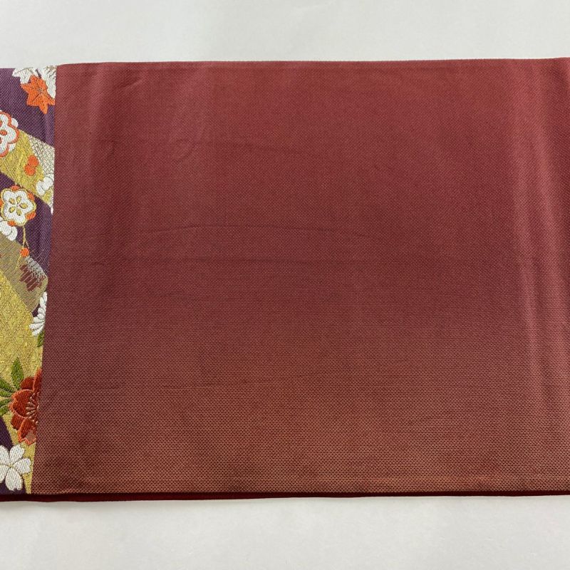 椿 エンジェルストランペット 華 正絹 袋帯 作り帯 袋帯 美品 名品 華文 向かい鳥 箔 唐織 灰紫 六通 正絹｜中古