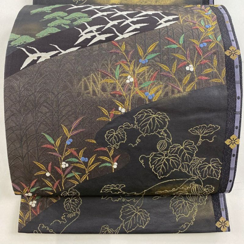 袋帯 名品 落款 花 宝尽くし 金糸 刺繍 茶緑色 六通 正絹