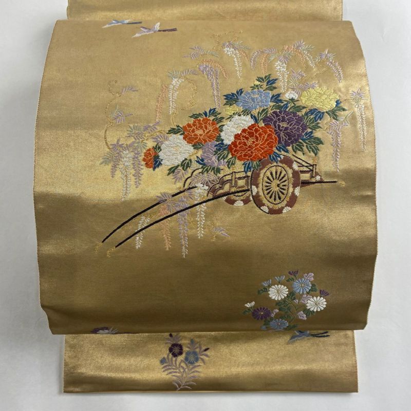 袋帯 美品 秀品 本漆金箔 花車 鳥 唐織 金糸 金色 お太鼓柄 正絹｜中古