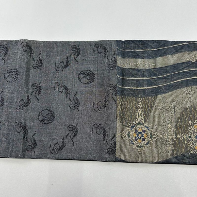 袋帯 美品 秀品 華文 よろけ縞 金糸 箔 灰茶 六通 正絹｜中古