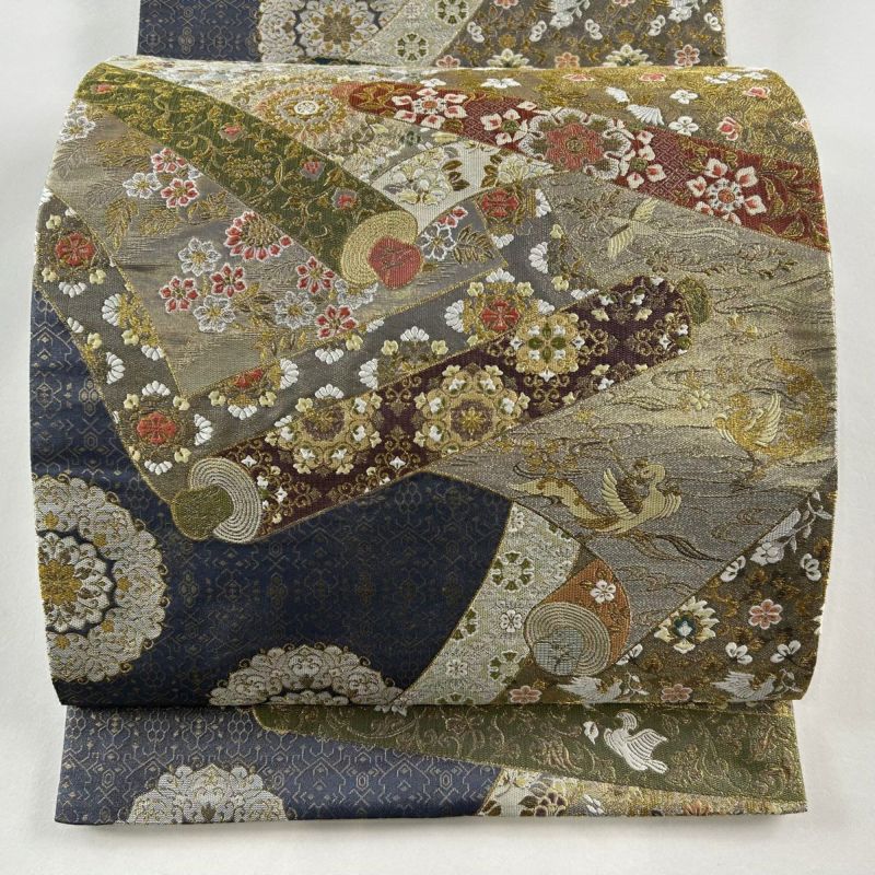袋帯 美品 秀品 巻物 花鳥 箔 唐織 灰紫 六通 正絹｜中古・古着