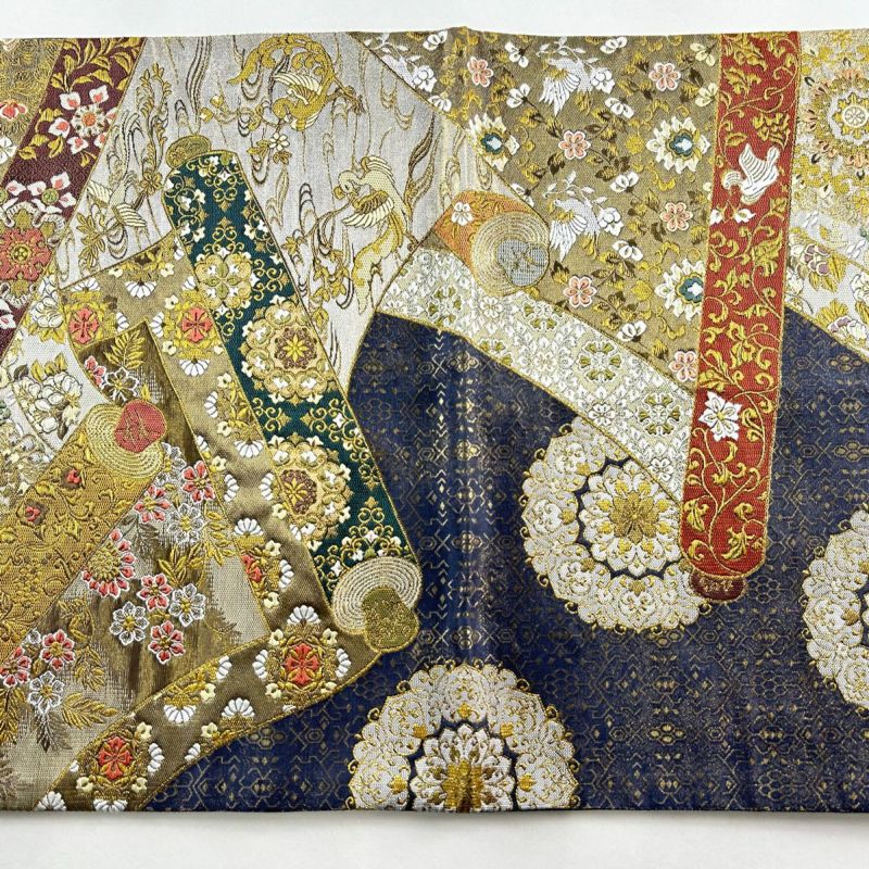 袋帯 美品 秀品 巻物 花鳥 箔 唐織 灰紫 六通 正絹｜中古・古着