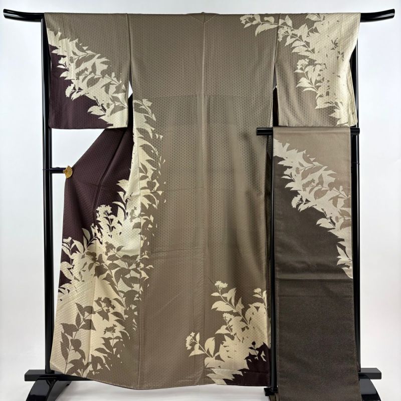 袷　訪問着フルセット　特選袋帯　身丈164 裄67 黒 訪問着 身丈162cm 裄丈65.5cm M 袷 袋帯セット 草花 シルエット