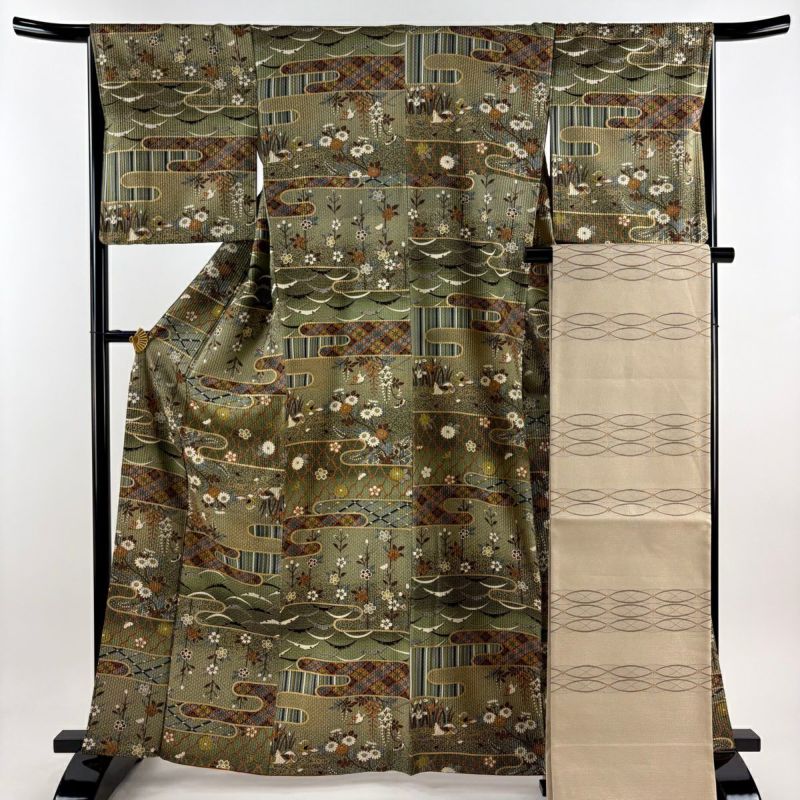 小紋 身丈163.5cm 裄丈65.5cm M 袷 袋帯セット ヱ霞 草花 金彩