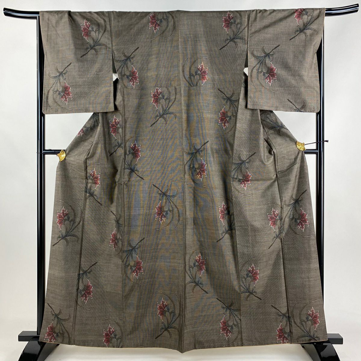 紬 身丈167.5cm 裄丈65cm M 袷 斜縞 絣 焦茶色 正絹 秀品｜中古