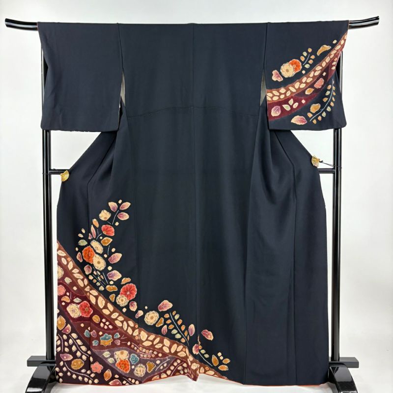 新品　反物　黒 花柄　長襦袢 073-311-6007 付下げ 身丈163.5cm 裄丈68cm L 袷 辻が花柄 絞り 黒 正絹 秀品