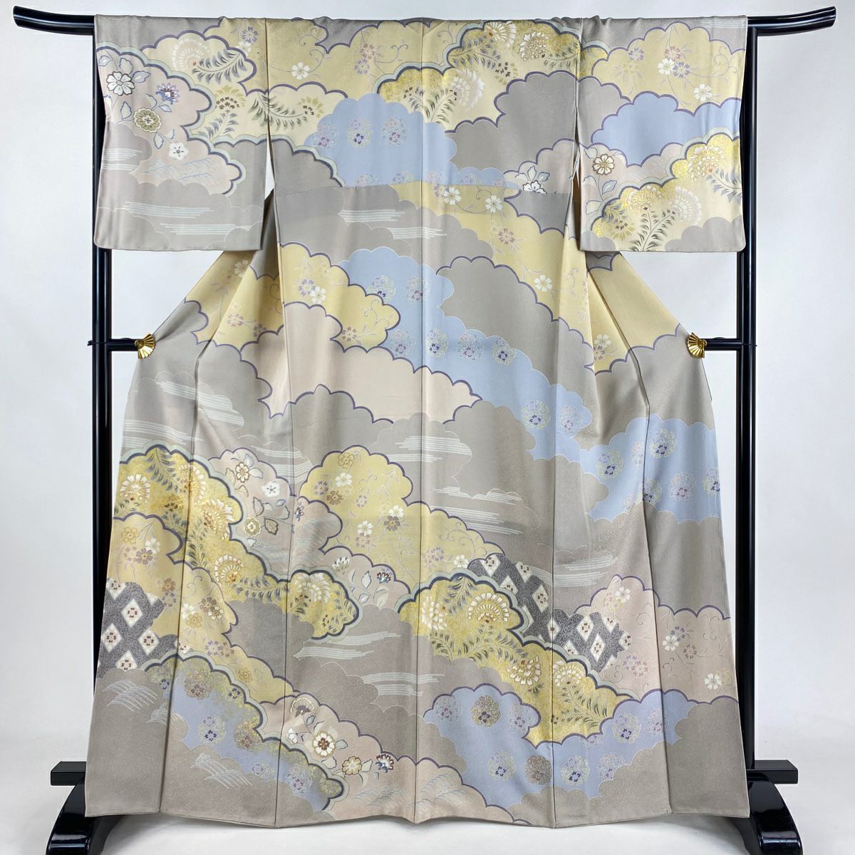 訪問着 身丈160cm 裄丈67cm M 袷 御所車 松竹梅 刺繍 金糸 灰紫