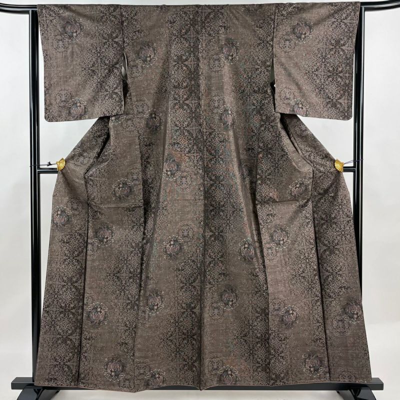 紬 身丈160cm 裄丈64cm M 袷 鳳凰 華文 焦茶色 正絹 美品 名品