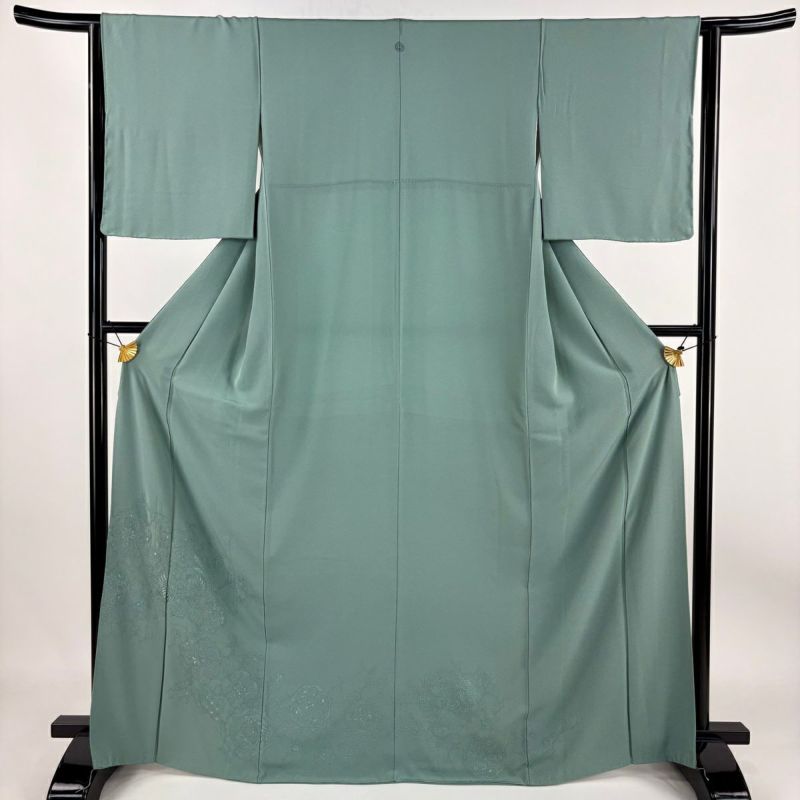 【深緑・淡緑】無属性古装◆20cmぬいぐるみ用お衣装➕️背飾り付き 付下げ 身丈166.5cm 裄丈64cm M 袷 向鳥 華文 刺繍 薄緑 正絹 秀