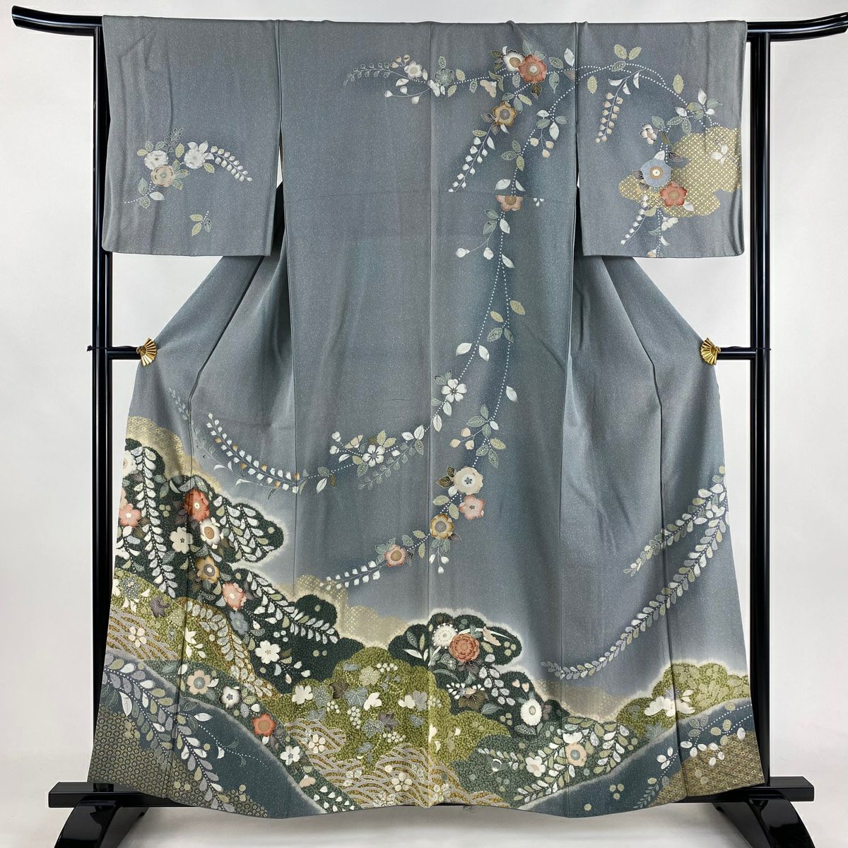 訪問着 身丈163.5cm 裄丈68cm L 袷 草花 雲文 金彩 クリーム