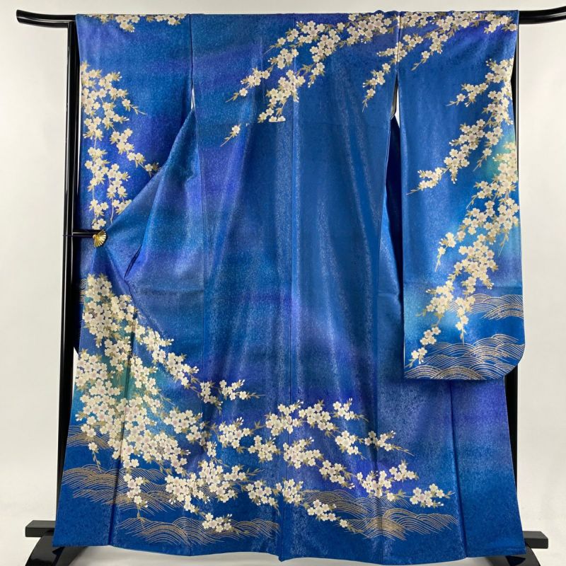 振袖 身丈163cm 裄丈65cm M 袷 桜 波 銀通し 金彩 青 正絹 逸品
