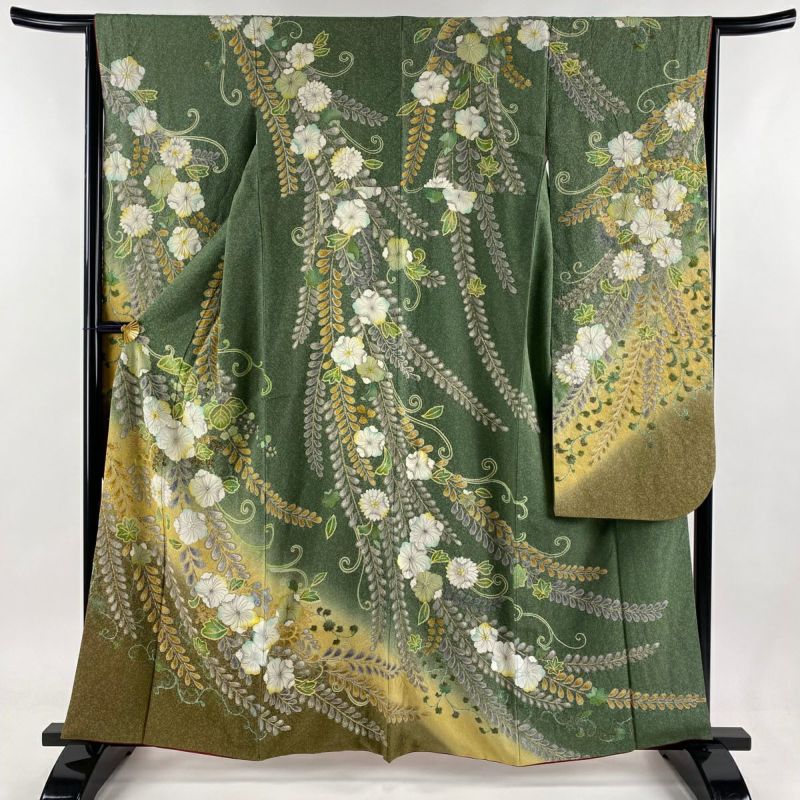 振袖 身丈160.5cm 裄丈64.5cm M 袷 辻ヶ花 金彩 鶯色 正絹 美品