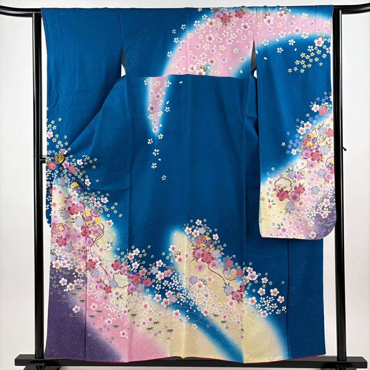 振袖 身丈158cm 裄丈63cm S 袷 やまと 桜 雪輪 金彩 ぼかし 青 正絹 秀