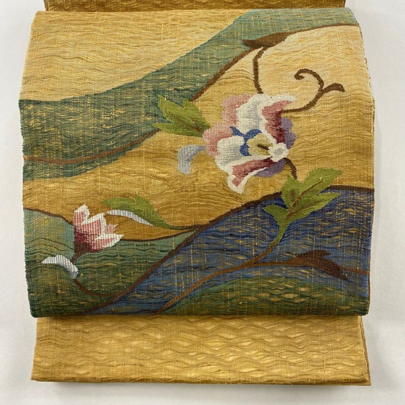 袋帯 美品 秀品 草花 ラメ糸 山吹茶色 お太鼓柄 正絹|中古・古着・リサイクル着物通販|バイセル オンライン